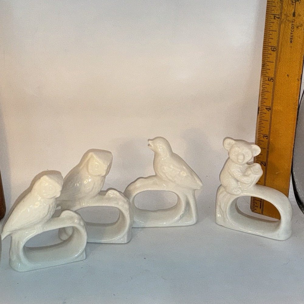4 Napkin Rings 2 Owls 1 Bear 1 Bird White Ceramic/porcelain